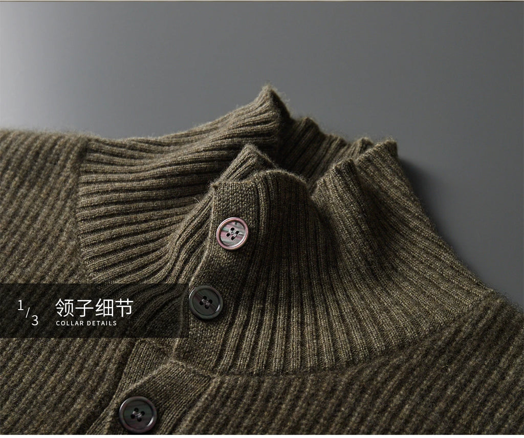 Luxury 100% Cashmere Cardigan for Men Mock Collar Thickening Sweater Autumn Winter Knitted Coat Soft Clothing Smart Casual Top