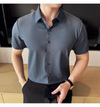 Men's White Business Casual Shirt, Fitted Striped Elastic Short-sleeved Shirt, Exquisite Embroidered Summer Formal Work Uniform.