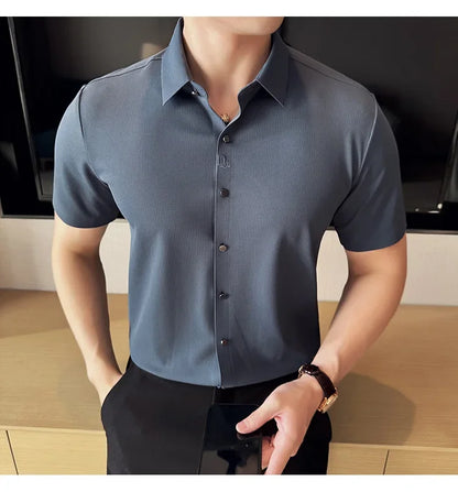 Men's White Business Casual Shirt, Fitted Striped Elastic Short-sleeved Shirt, Exquisite Embroidered Summer Formal Work Uniform.