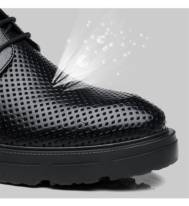 New Men Hollow Summer Platform High Heel 5/8/10 CM Height Growth Formal Men Derby Leather Shoes Man Wedding Dress Shoes Elevator