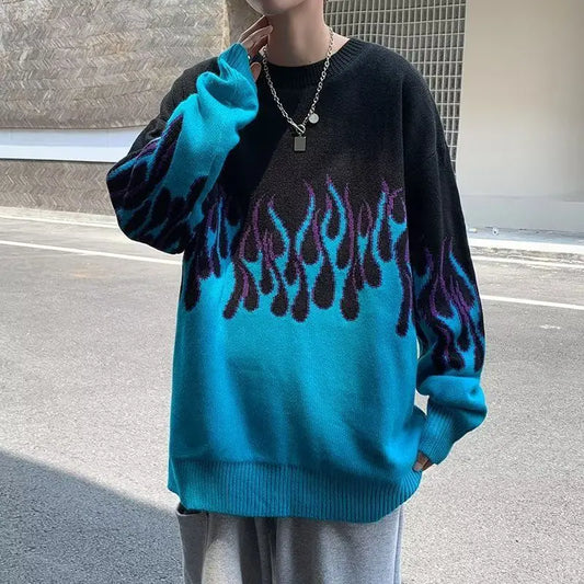 Fashion Gradient Flame Print Oversized Long Sleeve Sweaters Casual Pullovers Men's Clothing All-match Korean Loose Knitting Tops