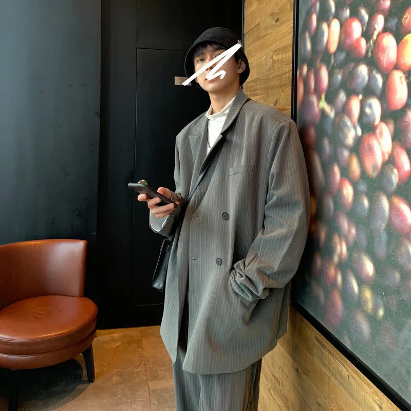 Spring Summer New Fashion Men's Korean Striped 2-piece Set Suits Blazers Pants Casual Trendy Straight Business Suit Male Sets