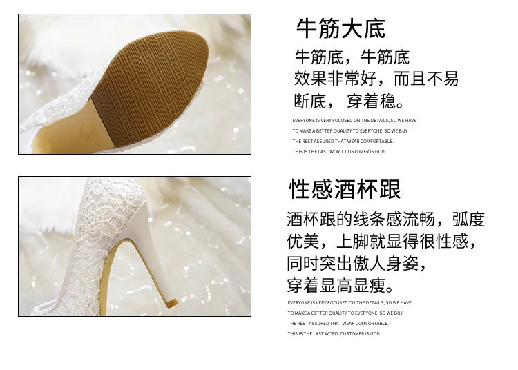 2025 New White Lace Wedding Shoes Fish Mouth High Heels Banquet Single Shoes Women