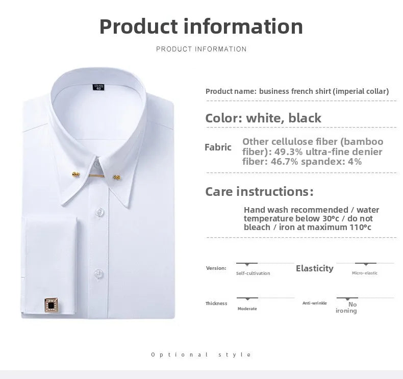 Men's Empire Neck French Cufflink Shirt Slim Fit Business Dress Assorted Cufflinks Lead Needle Large Tip Neck Men's White Shirt