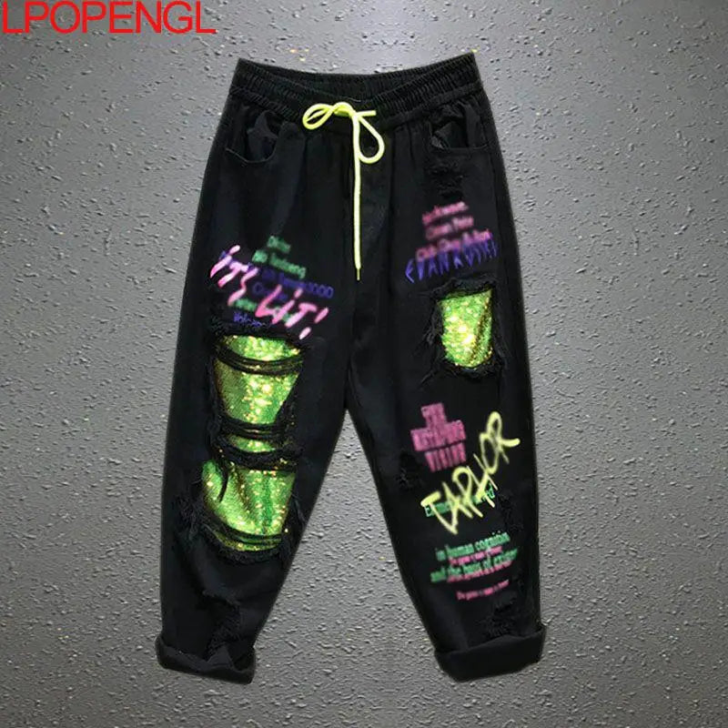 Women's Spring And Summer Personality Color Sequins Ripped Jeans New Drawstring Loose Straight Streetwear Denim Harem Pants
