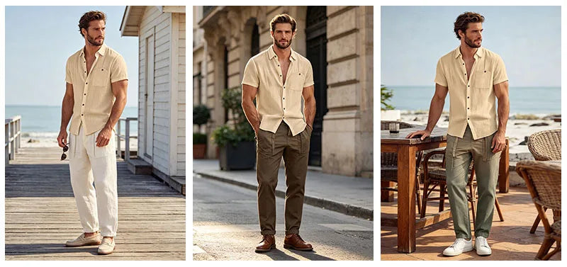 Men's Linen Blend Short Sleeve Button Down Shirt Casual Beach Top with Chest Pocket Breathable Lightweight Summer Shirts for Men