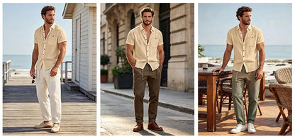 Men's Linen Blend Short Sleeve Button Down Shirt Casual Beach Top with Chest Pocket Breathable Lightweight Summer Shirts for Men
