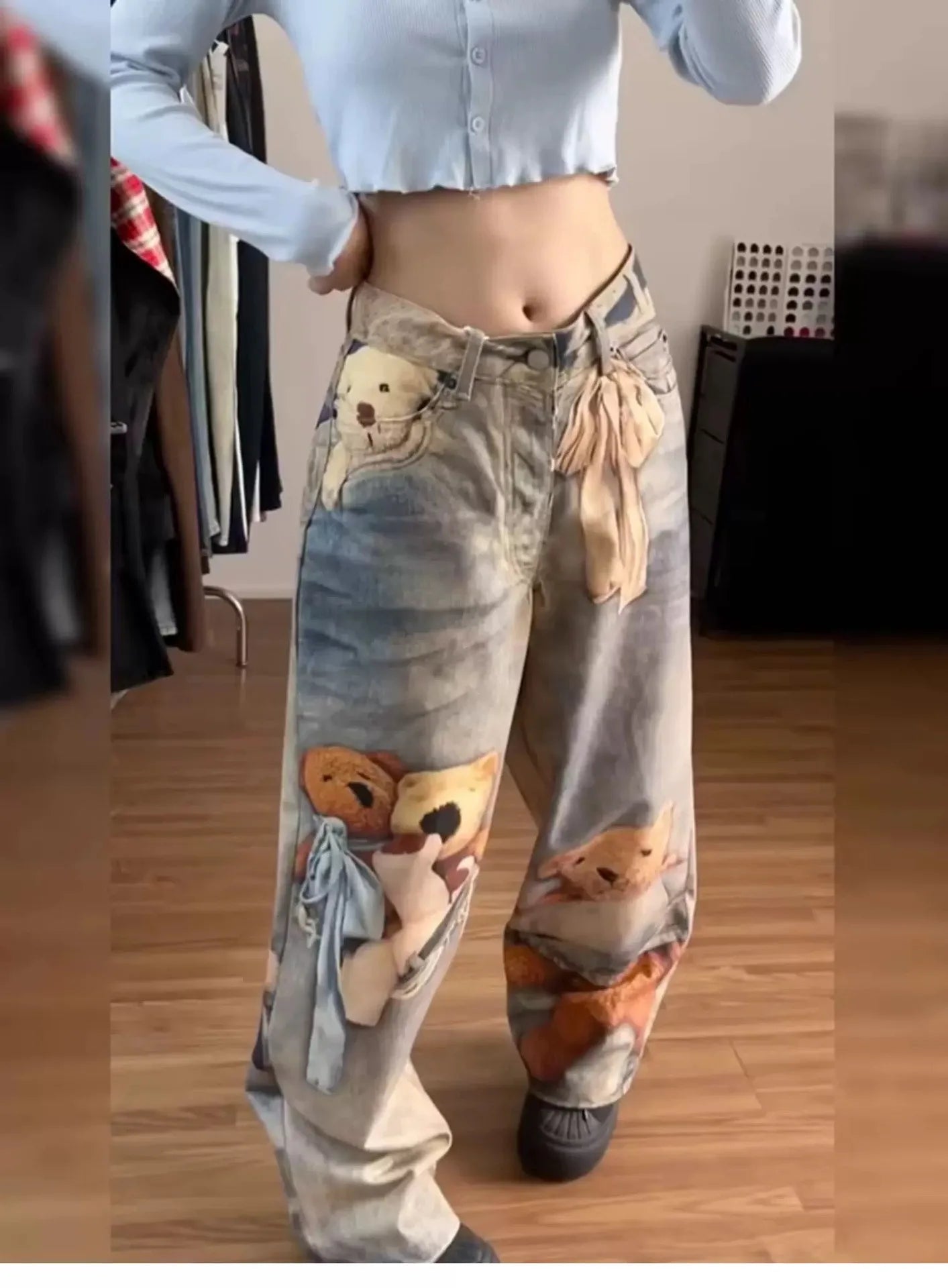 2026 New Spring Women's Colorful Digital Print Bear Jeans High Waist Loose Slim Fit Straight Wide Leg Casual Denim Pants
