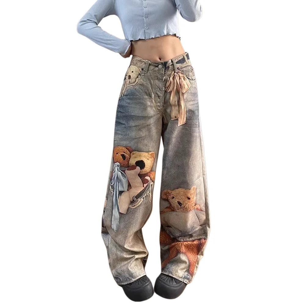 2026 New Spring Women's Colorful Digital Print Bear Jeans High Waist Loose Slim Fit Straight Wide Leg Casual Denim Pants