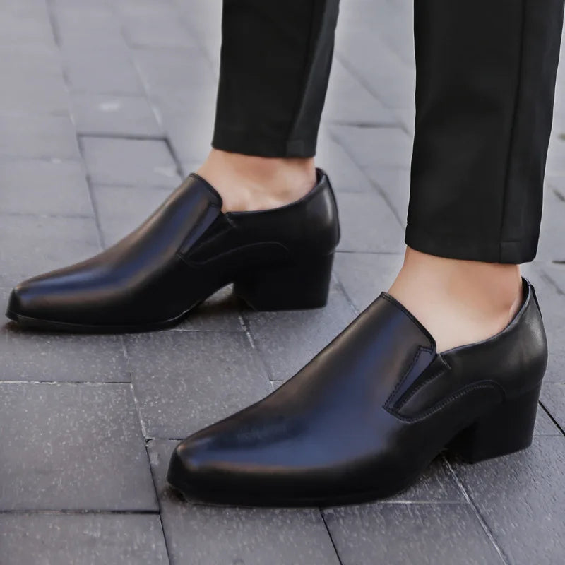 100% Genuine Leather Men Height Increasing Dress Shoes 6cm Fashion Business Brogues Brand Male Footwear Pure Black Monks D756