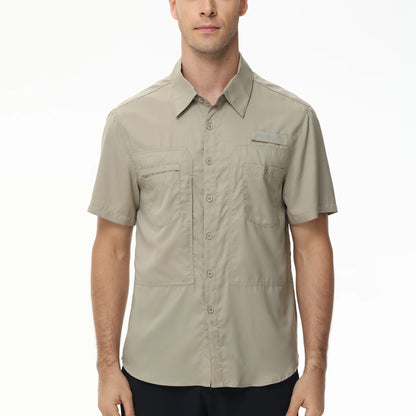 Summer Men's UPF 50+ Fishing Shirts, Lightweight Breathable Short Sleeve Cargo Shirt, Button Down Tactical Shirts Workout