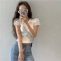 New Polo Women TShirt Ribbed Knitted Sexy Tops Summer Basic Shirts Skinny Slim Casual Short Sleeve Vest Women's Top White Black
