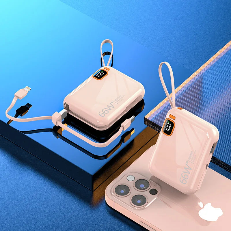 66W 10000/20000mAh Power Bank for IPhone Huawei and Samsung Mobile Phones Built-in Cable PD Two-way Power Bank