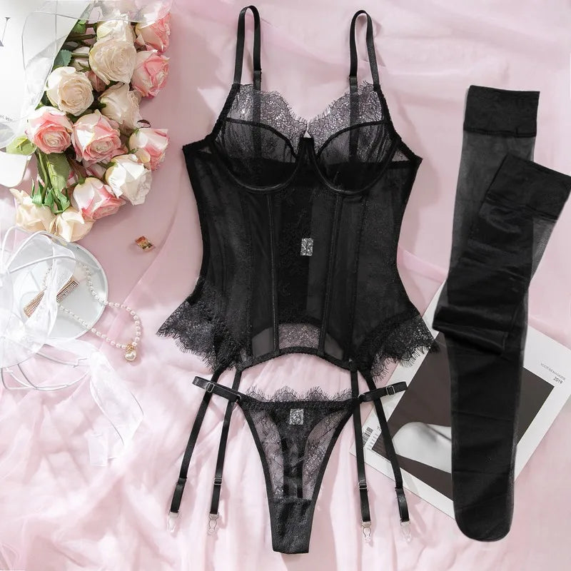 Willowy Women's Lingerie Sets Sexy Corset Lace Bra and Panty 2PCS with Stockings Sheer Outfits Sissy Girl's Intimate Underwear