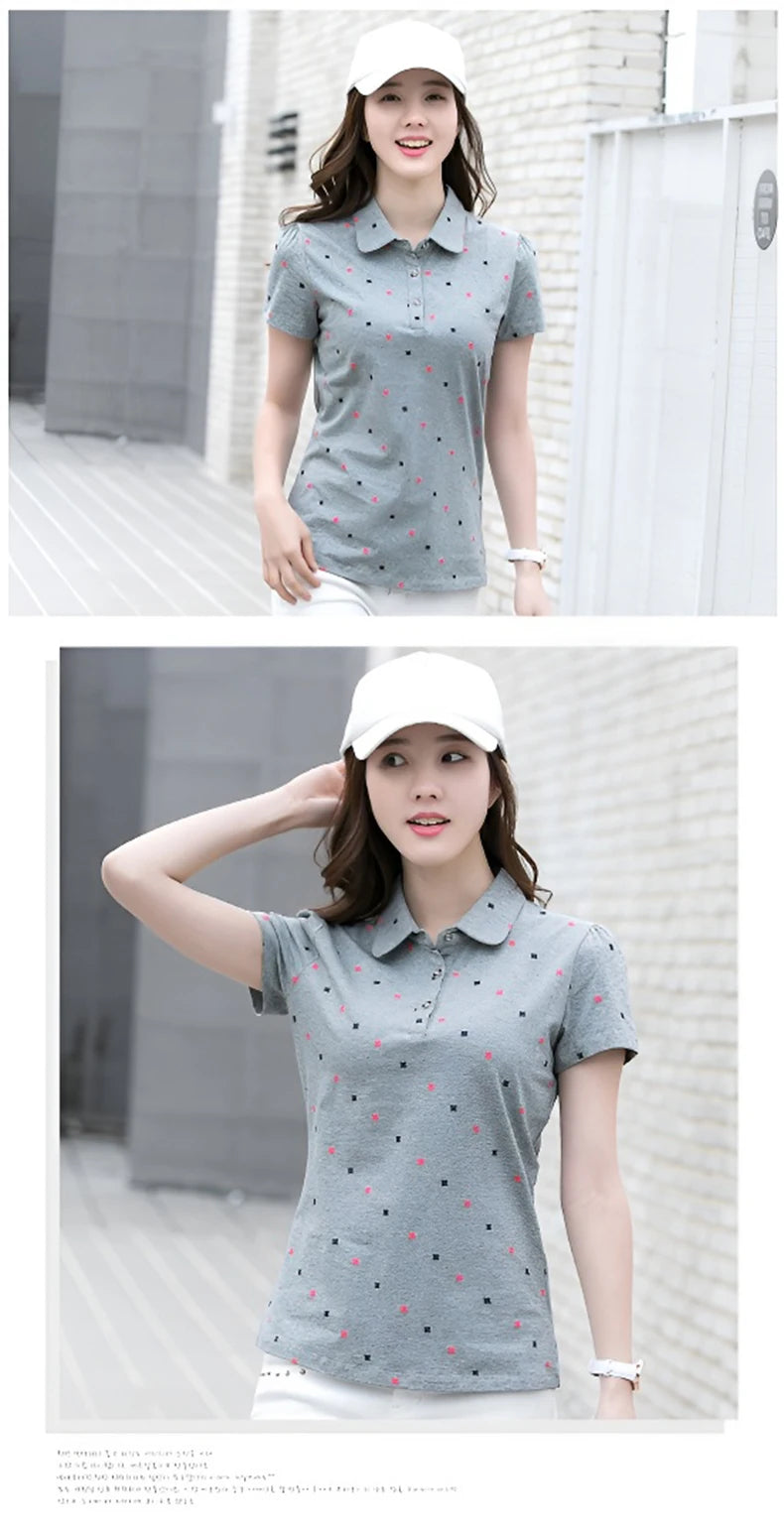 Women's Summer Cotton Shirt - Slim Fit Foldable Flip Collar Short Sleeve Printed Casual Top Trendy Button Design Fashion