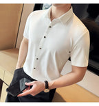 Men's White Business Casual Shirt, Fitted Striped Elastic Short-sleeved Shirt, Exquisite Embroidered Summer Formal Work Uniform.