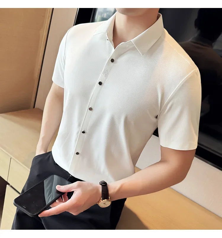 Men's White Business Casual Shirt, Fitted Striped Elastic Short-sleeved Shirt, Exquisite Embroidered Summer Formal Work Uniform.