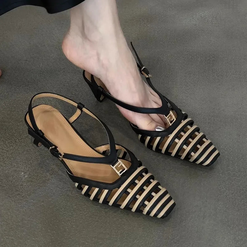 Hlieny Fashion Hollow Out Metal Buckle Woman's Pumps Summer Square Toe Slingback Shoes Low Thin Heels Mules Sandals Women Brown