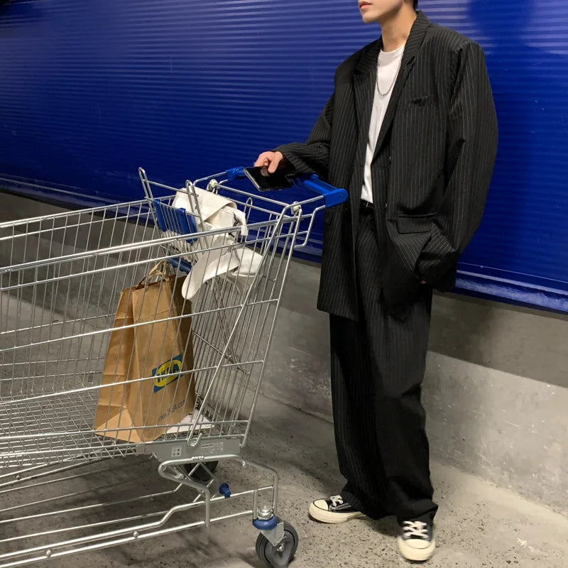 Spring Summer New Fashion Men's Korean Striped 2-piece Set Suits Blazers Pants Casual Trendy Straight Business Suit Male Sets