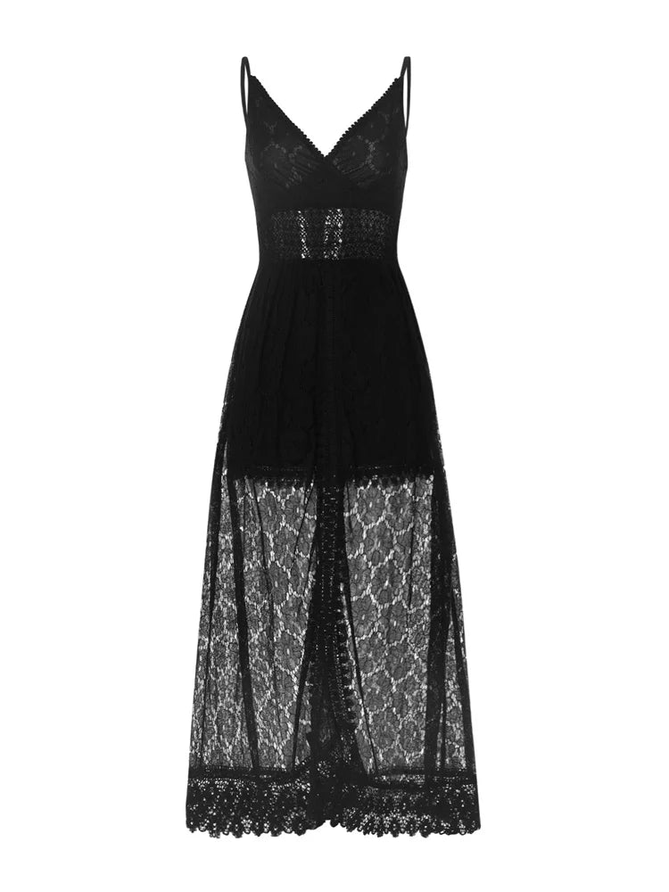Summer Women Lace Playsuit Dress Sleeveless V Neck Hollow Out Irregular Midi Dress Sexy Elegant Casual Bohemian Dresses