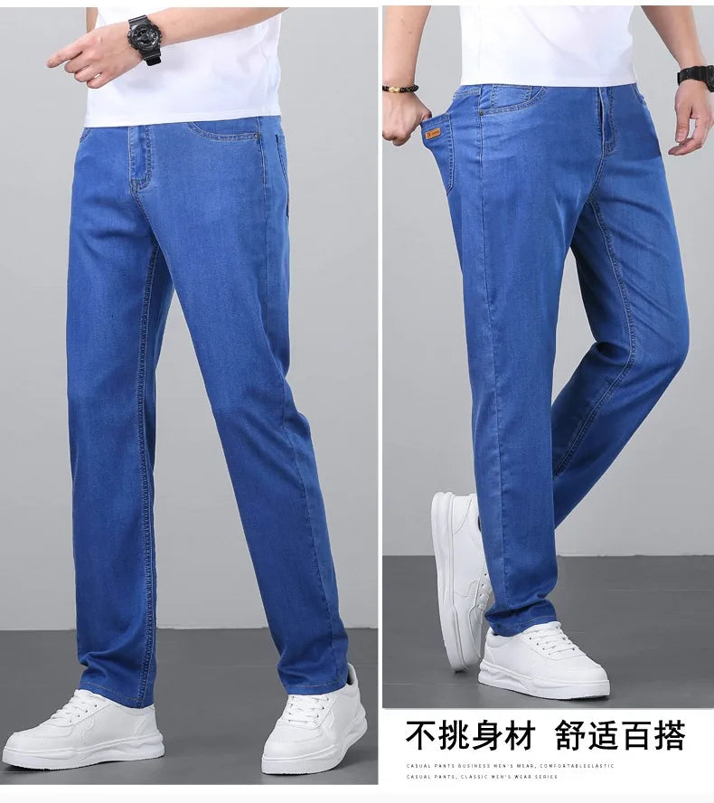 2026 Spring Summer 70% Lyocell Jeans Regular Fit Straight Ice Silk Style Business Casual Light Blue Stretch Cotton Denim