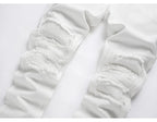 Men's Pleated Patch Denim Biker Jeans Streetwear Pink White Cotton Pants Ripped Patchwork Slim Straight Trousers