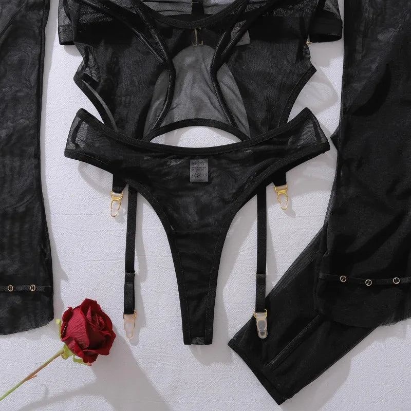 Lingeries Sexy Hot Tempted Intimate Bra Thong 2PC Set with Garter Belts Stockings Gloves Fantasy Sheer Daring Lingerie for Women