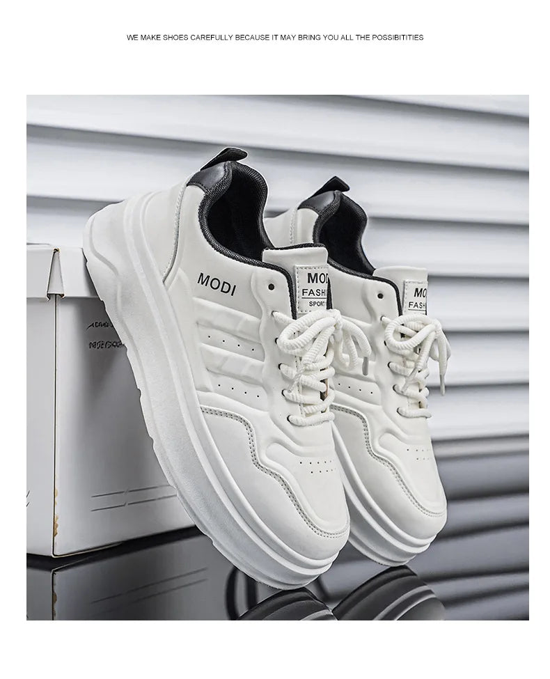 2026 Summer Men's White Platform Sneakers Leather Casual Shoes Thick Sole Streetwear Trendy Footwear