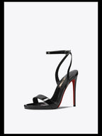 2026 new black patent leather rhinestone open toe sandals with slim heels and a straight ribbon for parties,high heels for women