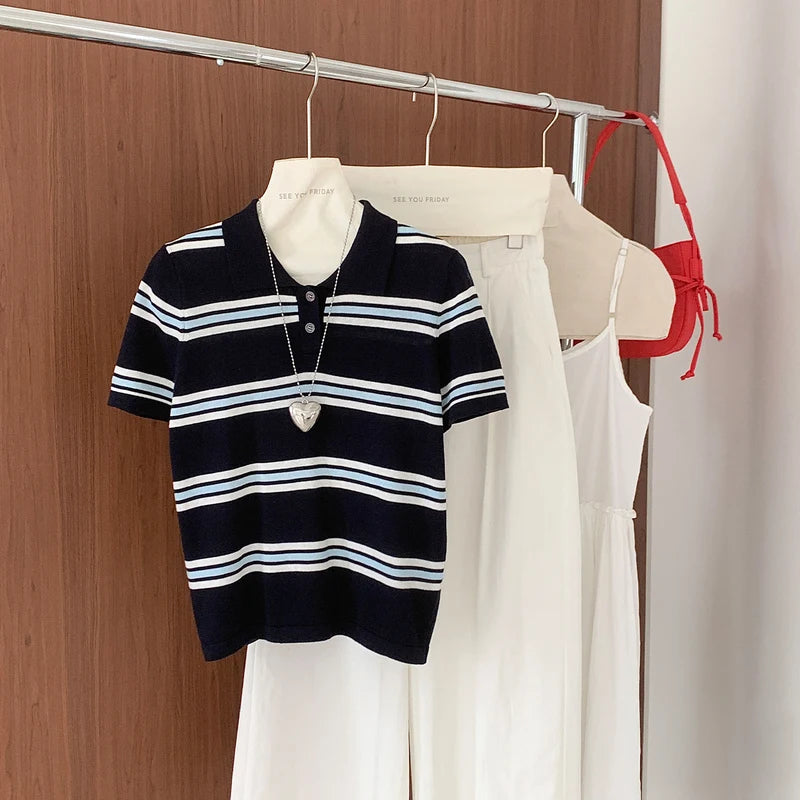 WinvyNee Summer Top Women's 100% Cotton Striped Polo T Shirt Women's Clothing Short Sleeve Casual Oversized Pullover A1522077