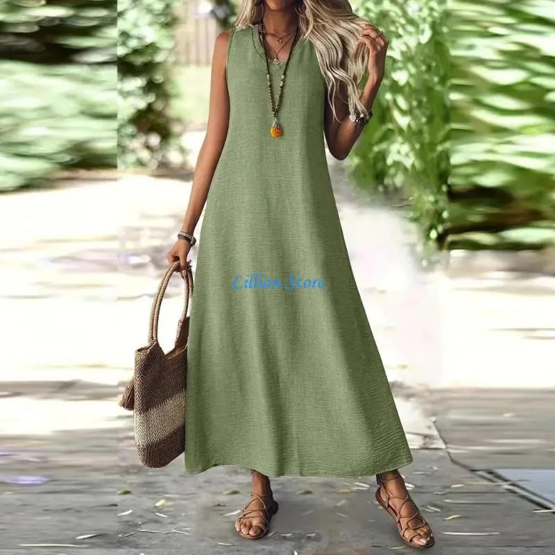 Q1FA Summer Dresses for Women Cotton Linen Maxi Dress Casual Sleeveless Long Sundress Vacation Outfits
