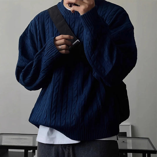 Men's Knitting Sweater 2026 Spring Autumn 0-neck Long Sleeve Knit Sweater Dark Blue Hemp Pattern Drop Shoulder Thicken Pullover