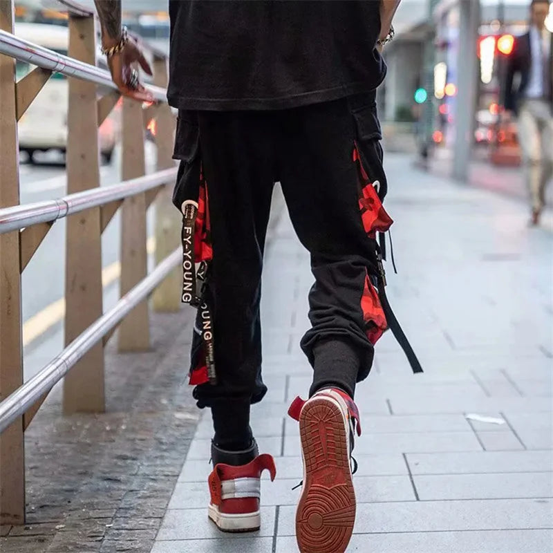 Y2K Joggers Cargo Pants For Men Casual Hip Hop Pocket Male Trousers Sweatpants Street Ribbons Techwear White Pant Pantalon Homme