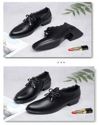 CINESSD 2023 New Fashion Lace Leather Platform Pumps Korean Style Casual Waterproof Pointed Toe Shoes for Women Spring Autumn