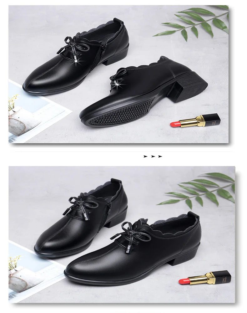 CINESSD 2023 New Fashion Lace Leather Platform Pumps Korean Style Casual Waterproof Pointed Toe Shoes for Women Spring Autumn