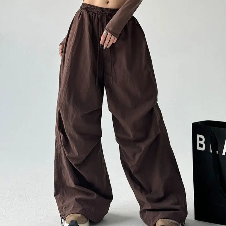 Y2k Hiking Straight Wide Pants Men Streetwear Cargo Paratrooper Pants Casual Brown Quick Dry Pocket Summer Travel Sport Trousers