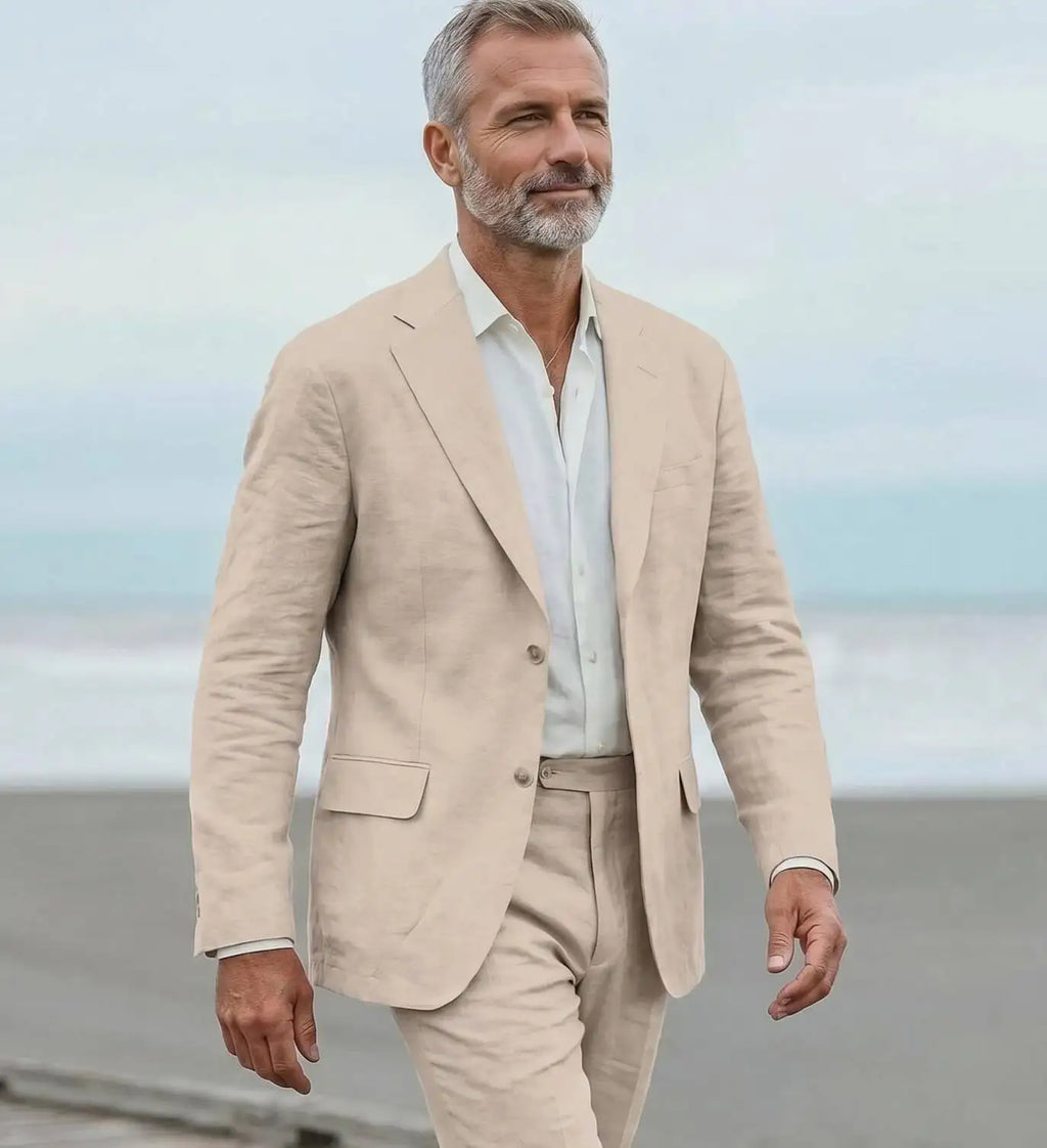Men's linen casual men's beach party business suit two-piece wedding tailcoat set with split collar suit jacket and pants