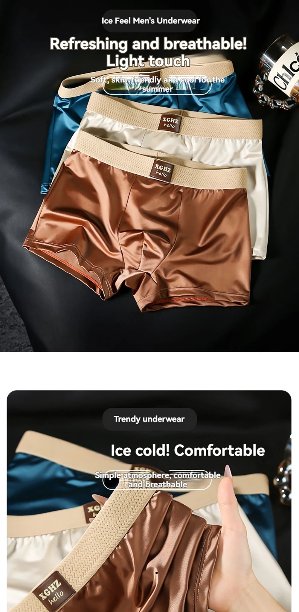 3PCS/Pack Luxury Ice Silk Satin-like Men's Panties Super Soft Boxer Homme Cool Breathable Comfortable Man Underwear Underpants
