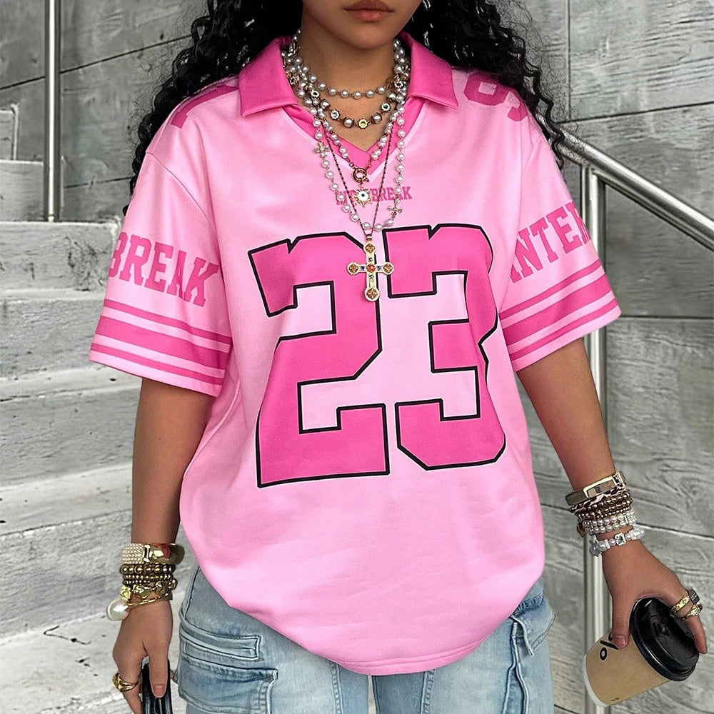 Summer Women's New No.8 Oversized Short sleeved T-shirt Street Y2K Fashion Leisure Sports Jersey Men Letter Printed Polo Shirt