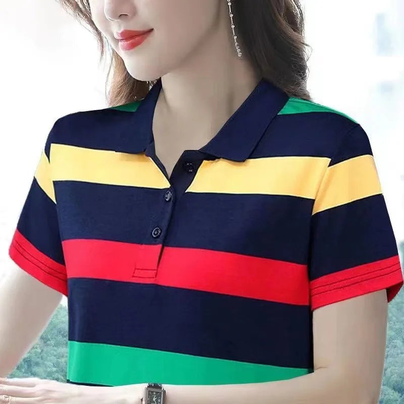 Women Summer Tops Strip Tees Sexy Vintage Short Sleeve 5XL Polo T Shirts Loose Casual Befree Boho Tees