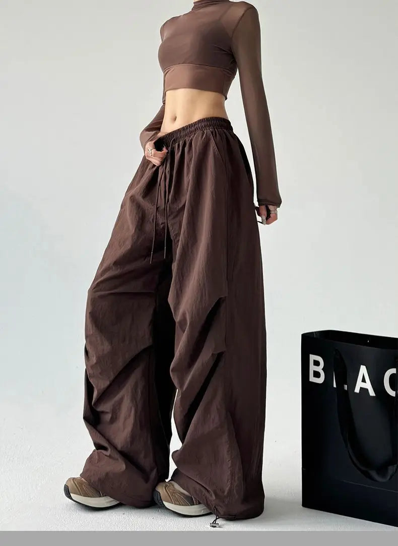 Y2k Hiking Straight Wide Pants Men Streetwear Cargo Paratrooper Pants Casual Brown Quick Dry Pocket Summer Travel Sport Trousers