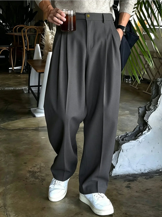 Men Double Pleated Wide Leg Suit Pants Korean Clean Fit Draped Slacks Loose Baggy Trousers Business Office Casual Streetwear  Pa