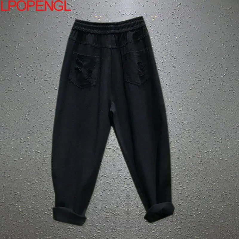 Women's Spring And Summer Personality Color Sequins Ripped Jeans New Drawstring Loose Straight Streetwear Denim Harem Pants