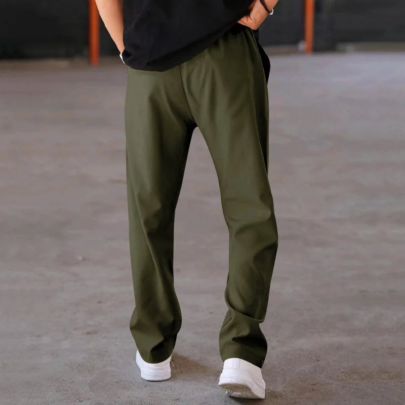 Men Casual LooseStraight Leg Dress Pants Elastic Drawstring Waist Front Seam Plain Wide Leg Trousers Daily Street Vacation Relax