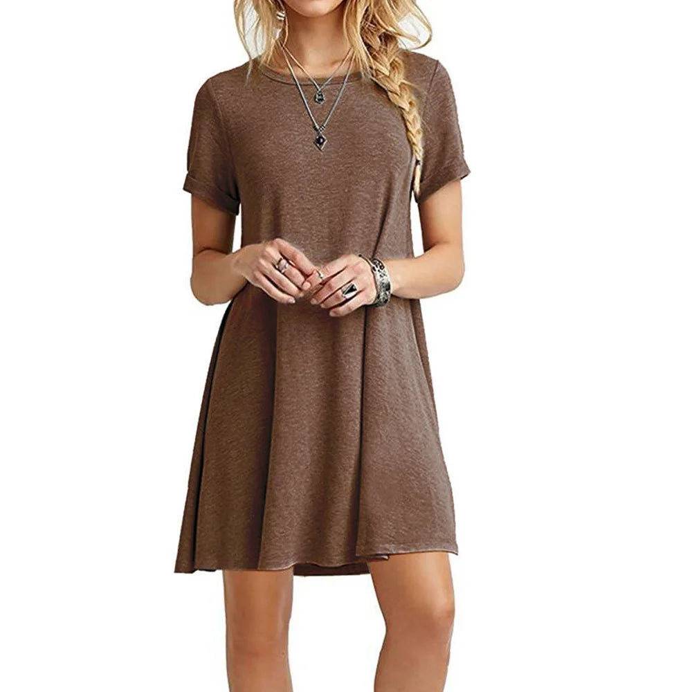 Women Shirt Dress Summer O-Neck Short Sleeve Slim A-Line Beach Holiday Dresses YKD-nz056