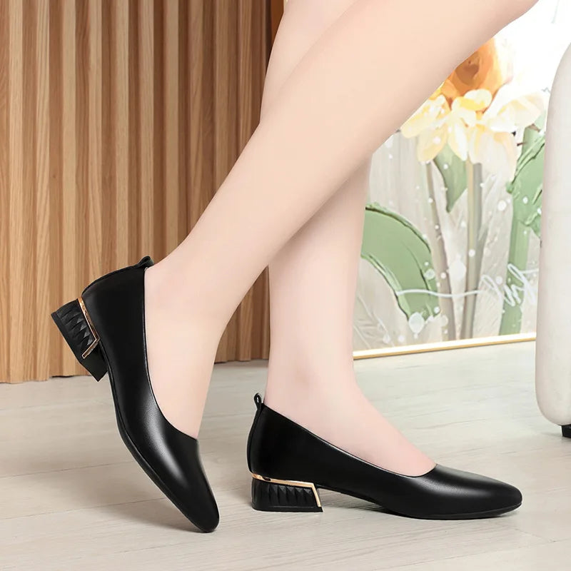 2026 Summer Women's Soft Leather Chunky Heel Pumps  Pointed Toe Low Heel Office Shoes White Work Dress Shoes Size 35-41