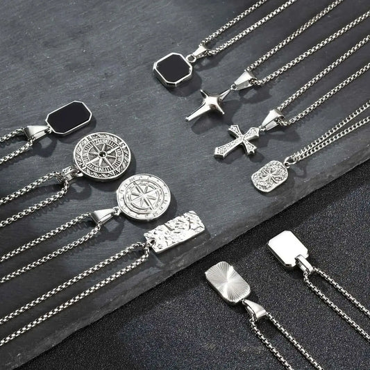 Men's Silver Color Geometric Pendant Necklace, Non Fading Stainless Steel Compass Necklace with Chain, Stylish Jewelry Gifts