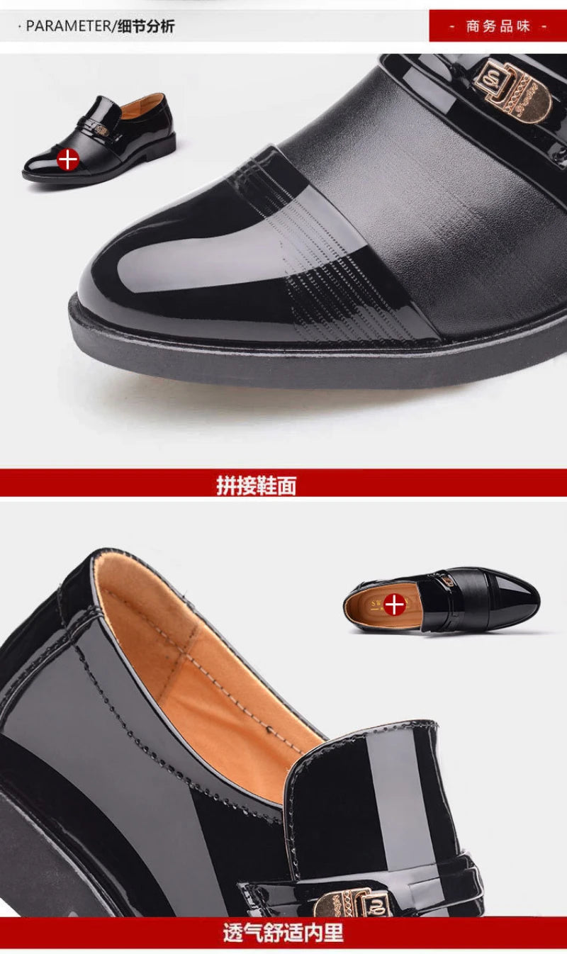 Mens Formal Two Tone Patent Leather Loafers Pointed Toe Slip On Shoes With Metal Buckle Low Heel Comfortable Non Slip Breathable