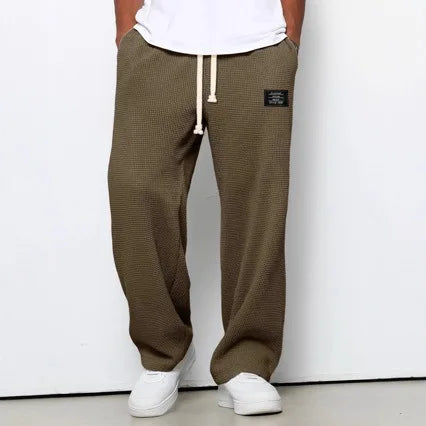 Men's spring-autumn trendy brand loose-fitting stretchy straight-leg sweatpants. Waffle fabric. Micro-bouncy sporty casual pants