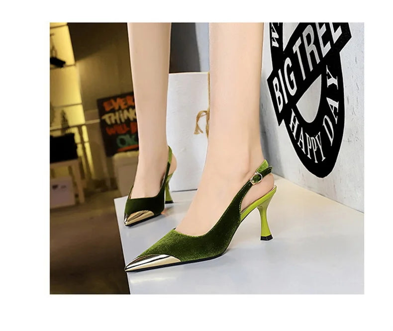 Elegant Women Green High Heel Velvet Pumps Wedding Party Slingback Sandals Metal Pointed Toe Hollow Buckle Wine Red Shoes